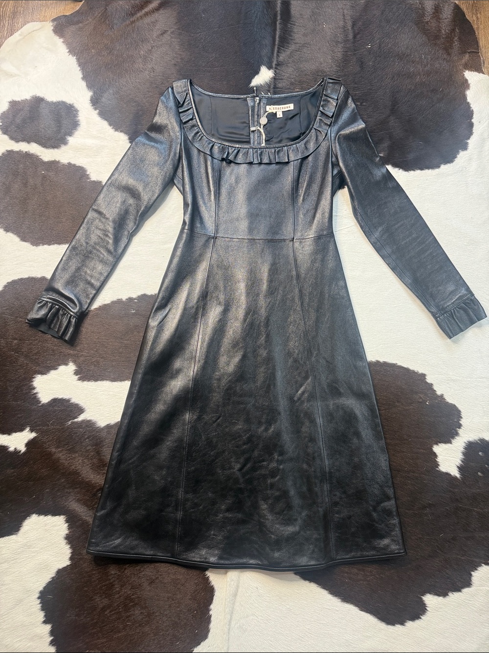 ALEXACHUNG Black Long-Sleeve Faux Leather A-Line Dress with Ruffle Trim